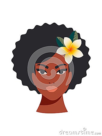 Beautiful stylish african american woman with plumeria flower. Head to shoulder length black woman with beautiful face Vector Illustration