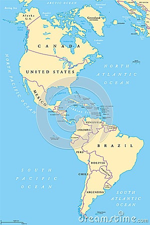 The Americas, North and South America, political map Vector Illustration