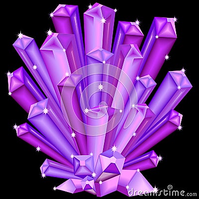 Amethyst Crystal Faceted Purple Gem isolated on black Vector Illustration