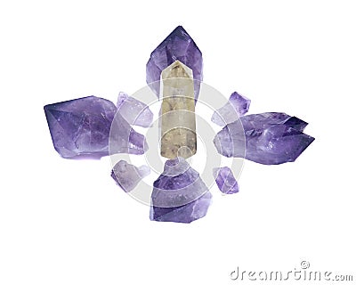 Amethyst natural points and citrine polished point arranged in crystal grid Stock Photo