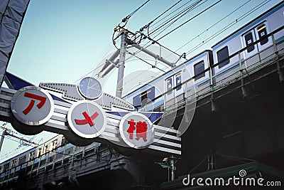 Ameyoko market sign and the railway tracks of the Yamanote line in Tokyo japan Editorial Stock Photo