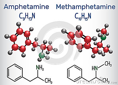 Amfetamine amphetamine, C9H13N and Methamphetamine crystal me Vector Illustration