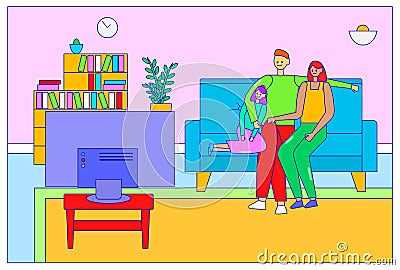 Amiable family sitting cozy soft couch watching tv show, character father mother daughter together see television Vector Illustration