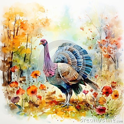 Amiable Watercolor Turkey Strutting Amidst Colorful Autumn Leaves and Blooms on White Background AI Generated Cartoon Illustration
