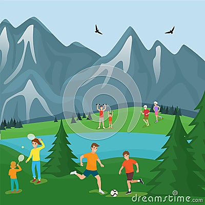 Amicable family play sport game in mountain outdoor national park flat vector illustration. Character people workout Vector Illustration