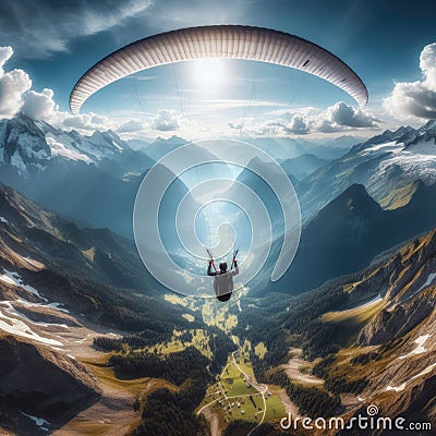 A paraglider takes the leap of faith over beautiful mountain view Stock Photo