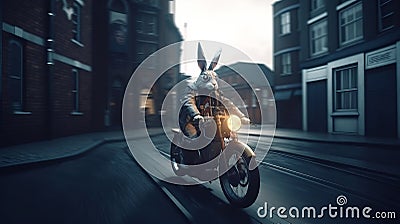 A rabbit wearing a garment riding a motorcycle Stock Photo