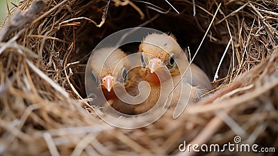cute white bird sitting in nest with little babies generated by AI tool Stock Photo