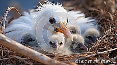 cute white bird sitting in nest with little babies generated by AI tool Stock Photo