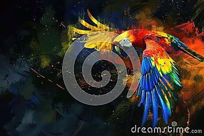 Amidst darkness, a colorful parrot speaks digital truths, a beacon of insight Stock Photo