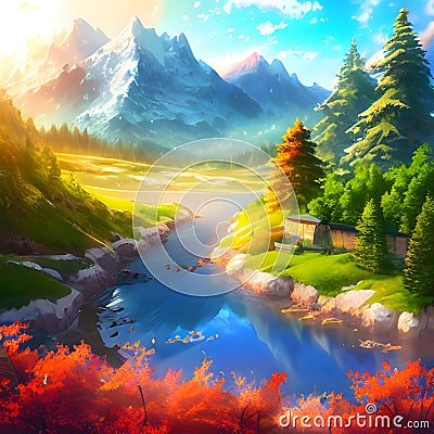 river green mountains forest scene Stock Photo