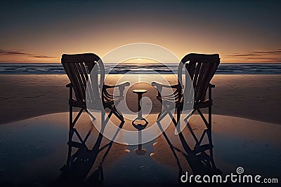 Two chairs on the beach at sunset with reflection in water Stock Photo