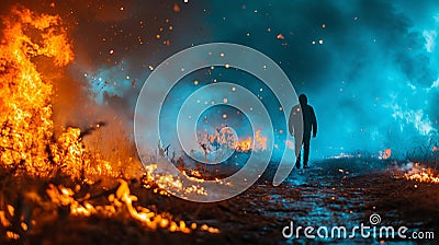 Amidst flames, a lone wanderer in mystic woods, generative ai Stock Photo