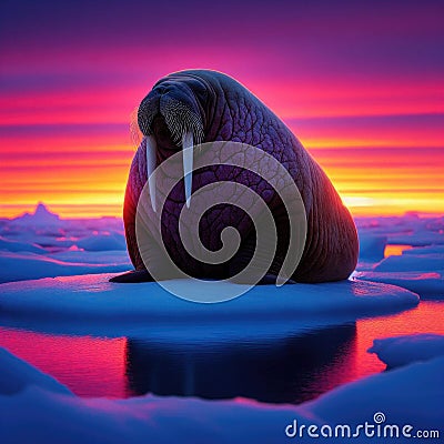 Walrus reclines on ice sheet with glorious sunset as backdrop Stock Photo