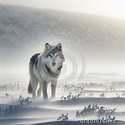 Lone wolf stands in the frozen tundra, with blizzard forming Stock Photo