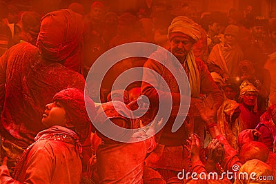 Full of color, Hindu Festival Holi at Radha Rani temple, Barsana, India Editorial Stock Photo