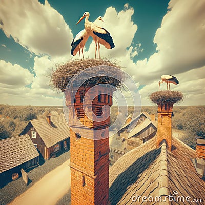 Two storks sit on a nest atop an old brick chimney Stock Photo