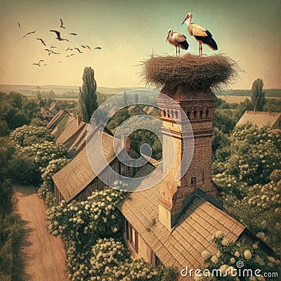 Two storks sit on a nest atop an old brick chimney Stock Photo