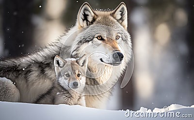 A gray wolf mother and baby loving connection in snow, generative AI Stock Photo