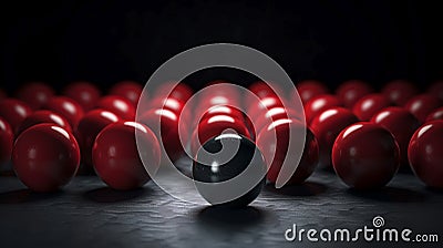 Amidst red snooker balls, the black ball exemplifies the concept of standing out for selection Stock Photo