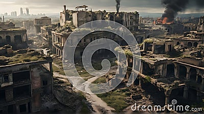 A ruined city after the war, effect of the war, dystopian, AI Generated Stock Photo