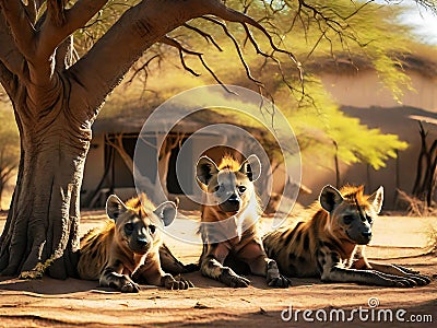 A family of hyenas takes shelter under an acacia tree during the day Stock Photo