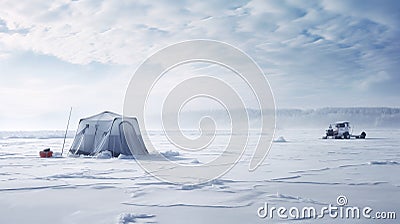 fisherman's fishing camp on the snowy lake floor.AI Generated Stock Photo