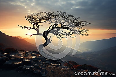 Lonely tree in the middle of a misty mountain landscape Ai generative Stock Photo