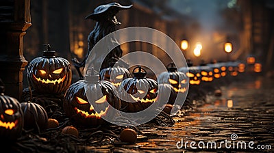 Jack-o'-Lanterns in a Spooky Forest, Generative AI Stock Photo