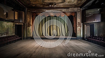 Empty, old, abandoned, 1920s theatre stage with curtains Stock Photo