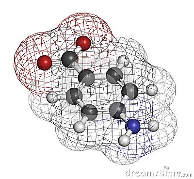 4-aminobenzoic acid (PABA, aminobenzoate) molecule. Atoms are represented as spheres with conventional color coding: hydrogen ( Stock Photo