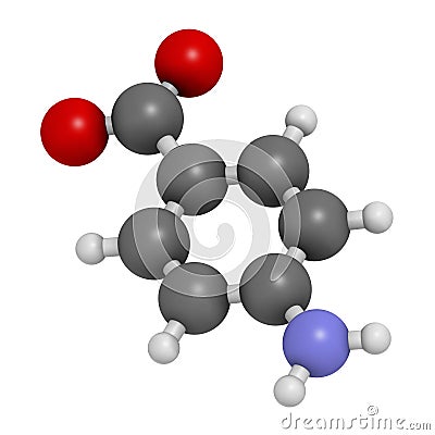 4-aminobenzoic acid PABA, aminobenzoate molecule. 3D rendering. Atoms are represented as spheres with conventional color. Stock Photo