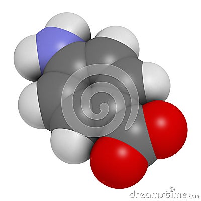 4-aminobenzoic acid PABA, aminobenzoate molecule. 3D rendering. Atoms are represented as spheres with conventional color. Stock Photo