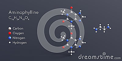 aminophylline molecule 3d rendering, flat molecular structure with chemical formula and atoms color coding Stock Photo