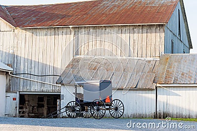 Amish Buggy in front of barn in Pennsylvania USA Editorial Stock Photo