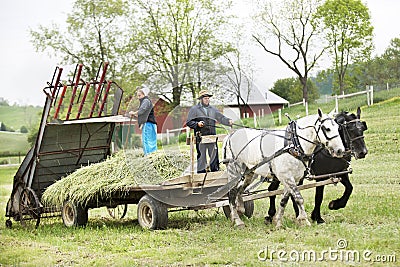 Amish Couple Preparing Their Fields in Spring Editorial Stock Photo