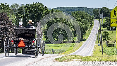 Amish Open Horse and Buggy with 2 Amish Adults in it trotting down the Hill on a Sunny Day Editorial Stock Photo