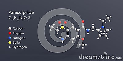 amisulpride molecule 3d rendering, flat molecular structure with chemical formula and atoms color coding Stock Photo