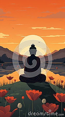 Amitabha Buddha in mountains. Generative AI Cartoon Illustration