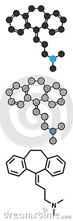 Amitryptiline tricyclic antidepressant drug molecule. Used in treatment of clinical depression Vector Illustration