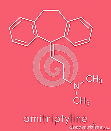 Amitryptiline tricyclic antidepressant drug molecule. Used in treatment of clinical depression. Skeletal formula. Stock Photo