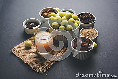 Amla or avla juice, pickle, supari, murabba, chyawanprash Stock Photo