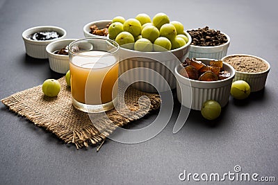Amla or avla juice, pickle, supari, murabba, chyawanprash Stock Photo