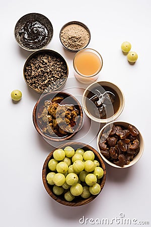 Amla or avla juice, pickle, supari, murabba, chyawanprash Stock Photo