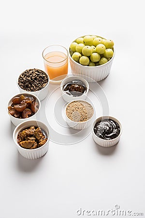 Amla or avla juice, pickle, supari, murabba, chyawanprash Stock Photo