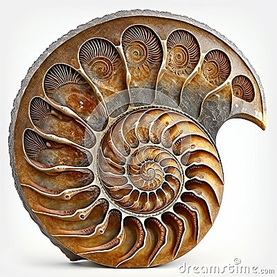 Ammonite fossil on the white background, created with generative AI Stock Photo