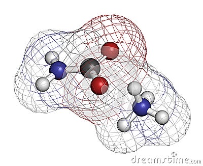 Ammonium carbamate, chemical structure. 3D rendering. Atoms are represented as spheres with conventional color coding: hydrogen . Stock Photo