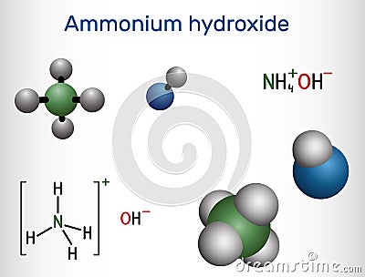 Ammonium hydroxide, ammonia solution, NH4OH molecule. Structural chemical formula and molecule model Vector Illustration