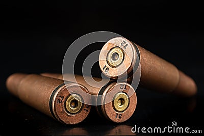 Ammunition of a high-speed rifle. Cartridges for a military rifle Stock Photo