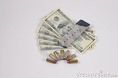 Pistol ammo, cash, magazine Stock Photo